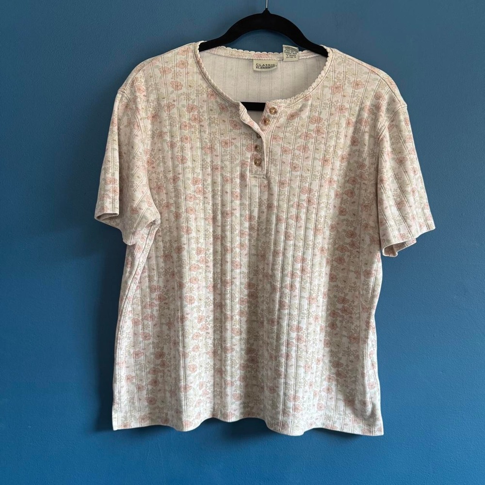 Vintage 90s Floral Henley Women's Size Large Classic Elements Floral Pink Cream
